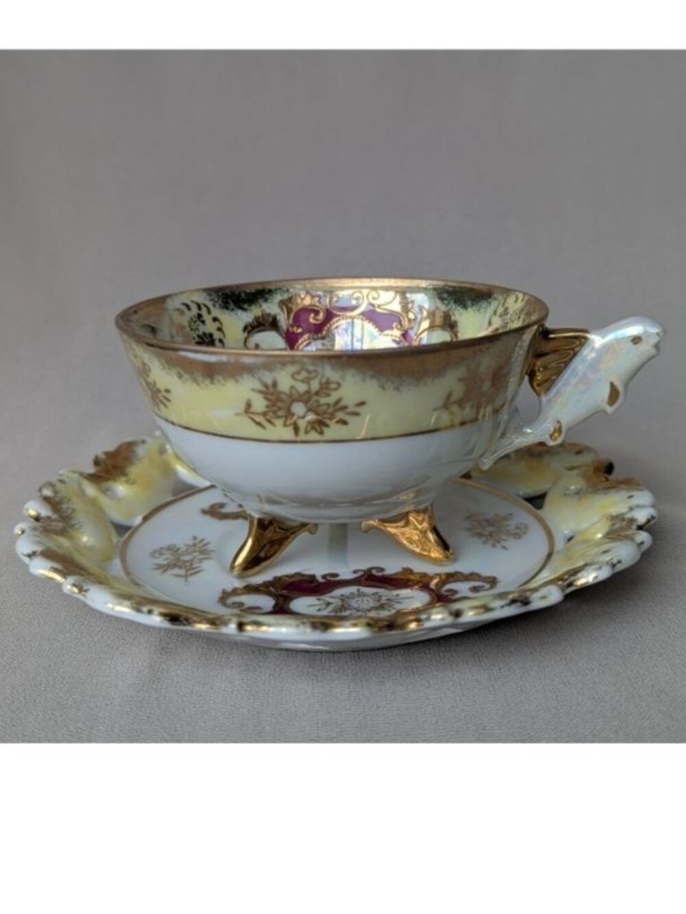 Vintage Luster Three Footed Fish Handle Teacup Reticulated Saucer Castle Japan